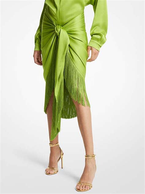 Michael Kors Fringe Charmeuse Sarong Skirt in Green 